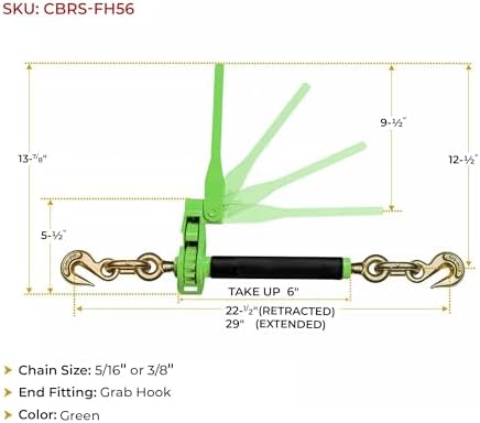 8 Pack 5/16" - 3/8" Hi-Viz Green Heavy Duty Folding Handle Ratchet Load Binder w/Grab Hook 7,100 lbs WLL | Tie Down Hauling Chain Binders for Flatbed Truck Trailer - Image 6