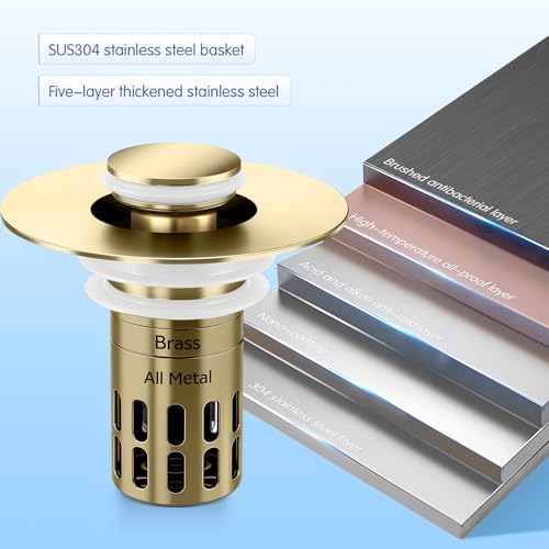 (All Metal) Bathroom Sink Stopper, Pop Up Drain Strainer for Bathroom Sink, Sink Plug Hair Catcher, Silent Popper Core w/Removable Filter Basket,Fit 1.05~2.0''Basin (Gold, 1 Pack) - Image 4