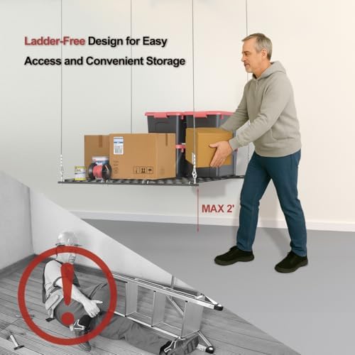 Overhead Garage Storage Rack for 10–12 FT Ceiling, Heavy-duty 4x4 FT Ceiling Storage Racks with Safety Lock, Ideal for Garage Storage Mounted Lift System and Storage Organizer, 250lbs Capacity - Image 6