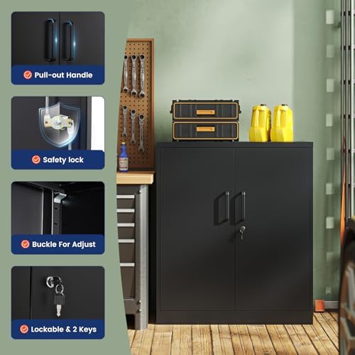 Yizosh Metal Garage Storage Cabinet with 2 Doors and 2 Adjustable Shelves - 35.5" Steel Lockable File Counter Cabinet for Home Office,Garage,Gym,School（Black） (Pack of 2) - Image 6