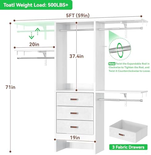 Armocity 5FT Small Closet System with 3 Fabric Drawers, 60 Inches Walk In Closet Organizer System With 3 Adjustable Shelves, Heavy Duty Clothes Rack Built-In Garment Rack, 59" L x 16" W x 71" H, White - Image 7