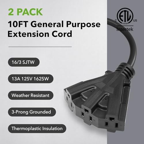BN-Link's 2 Pack Outdoor Extension Cord Set is Ideal for Holiday Yard Decorations and Garden Equipment. with Three outlets You can Plug in Loads up to a Total of 13amps/1625watts. (Black, 10ft) - Image 2