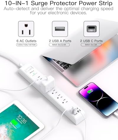 2 Pack Long Extension Cord, 12FT Power Strip Surge Protector with 6 Outlets and 4 USB Ports (2 USB C), Extension Cord with Multiple Outlets, Flat Plug Overload Protection, Wall Mount for Dorm College - Image 4