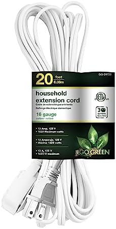 Go Green Power Inc. 20ft Household Extension Cord, White, 3 Outlets, 16/2, Indoor Use Only - Safe, Reliable, and Child-Safe Covers - Ideal for Everyday Electronics by PowerByGoGreen