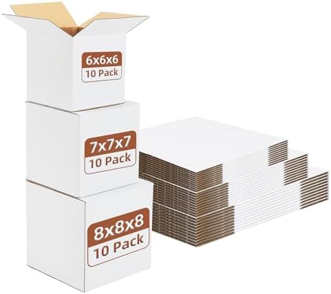 Hoikwo 30 Packs White Assorted Sizes Shipping Boxes of 8x8x8, 7x7x7, 6x6x6 by Hoikwo
