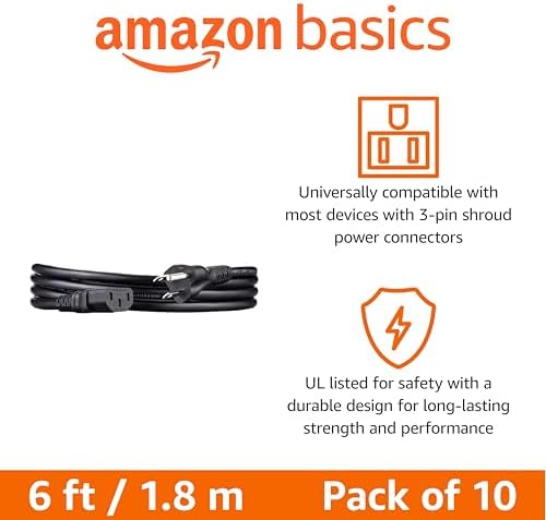 Amazon Basics PC Power Cord for Monitor, Computer, TV, 3 Prong, 18 AWG, 125 Volts, 6 feet, Black, 10-Pack, UL Listed - Image 2