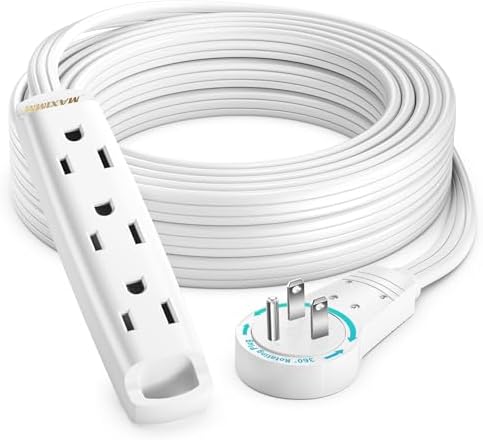 Maximm 15 Ft 360 Rotating Flat Plug Extension Cord, 3-Outlet, White, UL by MaximmCable
