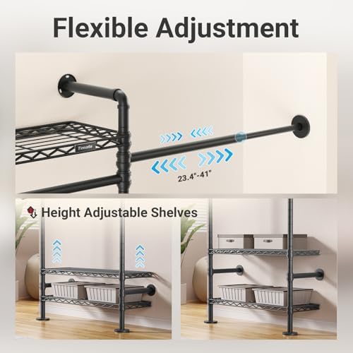 Timate S3X Expandable Wall Mounted Clothes Rack with 6 Adjustable Shelves & 4 Expandable Hanger Rods, Heavy Duty Industrial Pipe Clothing Rack for Hanging Clothes, Fits Spaces 5'11"- 8'10", Black - Image 4