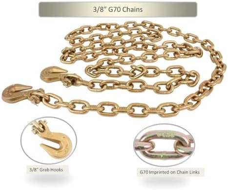 Mytee Products 4 Pack 3/8 Inch x 16 FT Grade 70 Binder Chain with Clevis Grab Hooks - G70 Transport Tow Chain - 6,600 Lbs Working Load Limit - Image 2