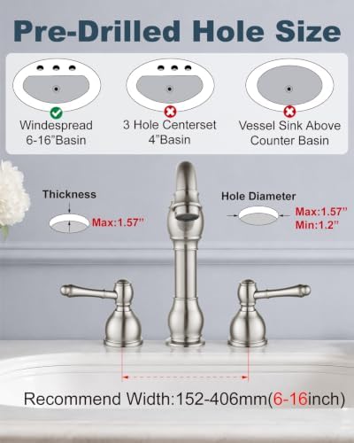 Aolemi Widespread Bathroom Sink Faucet 3 Hole Metal Lever Brushed Nickel - Image 3