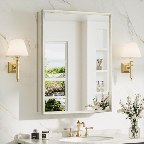 TokeShimi 24 x 32 Brushed Nickel Medicine Cabinet with Mirror, Assembly Required, Bathroom Mirror Medicine Cabinet Wall Mounted, Lightweight, Stepless Adjustable Shelves, Beveled Aluminum Frame by TokeShimi
