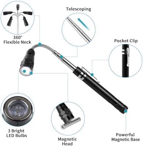 3 Pack Telescoping Inspection Mirrors LED Light & Magnet Flashlight Pickup Tool Set, Large 3.75" Round, 3.3" Square Mirror, for Inspection Viewing, Mechanic Checking, Observation - Image 3
