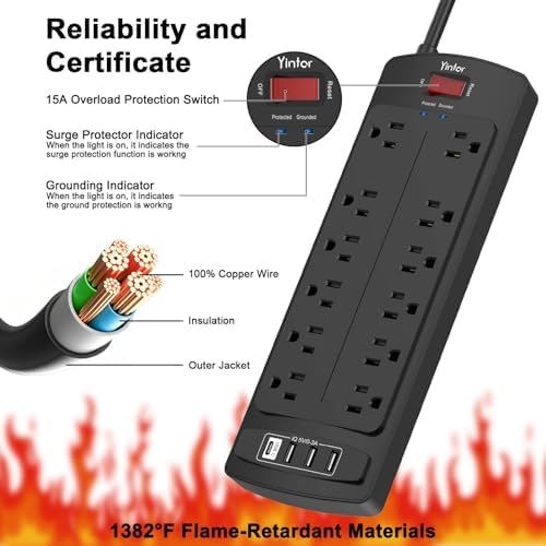 Yintar 6Ft Surge Protector Power Strip with 12 Outlets and 4 USB Ports - Image 6