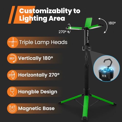 Rechargeable Work Light with Stand, GoGonova Cordless Work Light with Triple LED Lamps, 8AH Battery, 700/1200/2200 Lumen, 4000/6500K Dimmable Camping Light with Detachable Tripod (Green) - Image 2