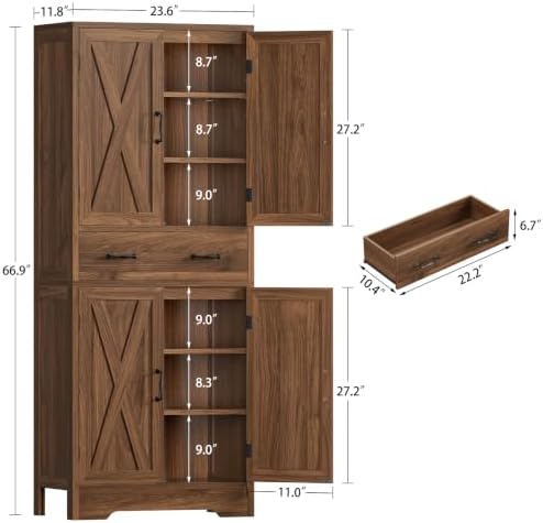 TEENFON Tall Storage Cabinet with 2 Adjustable Shelves & 1 Large Drawer, Kitchen Pantry Cabinet with 4 Doors, Bathroom Storage Cabinets, for Living Room, Kitchen, Bathroom, Walnut - Image 3