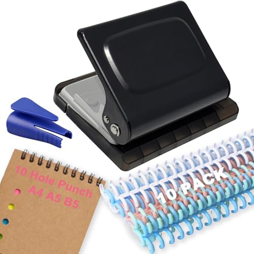 10 Hole Punch Binding Machine for Planner, Manual Binding System with 10 Multi-Color Binder Rings for Making 26 Holes on B5, 30 Holes on A4, 20 Holes on A5 Book, 10 Sheet Capacity - Black by Unknown