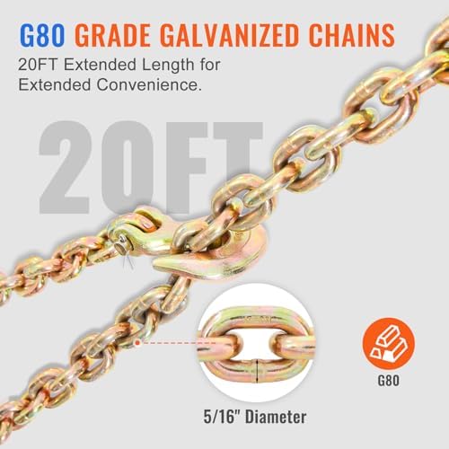 VEVOR 3/8"-1/2" Ratchet Chain Binder with Chain, G80 12000 lbs Secure Limit, Heavy Duty Load, Labor-Saving Anti-Skid Handle, Tie Down Hauling Chain Binders for Flatbed Truck Trailer, 2 Set & Yellow - Image 3