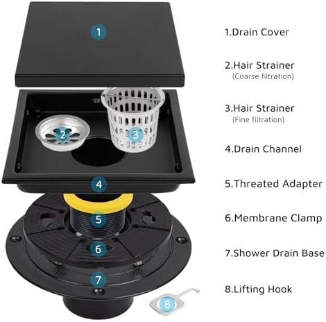 Square Shower Drain with Flange, 6 Inch, Matte Black, 2-in-1 Grate - Image 6