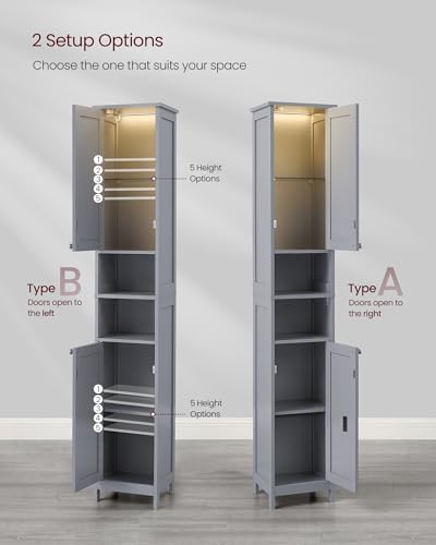 VASAGLE Tall Storage Cabinet with Lights, Slim, 11.8" W, Dove Gray - Image 3