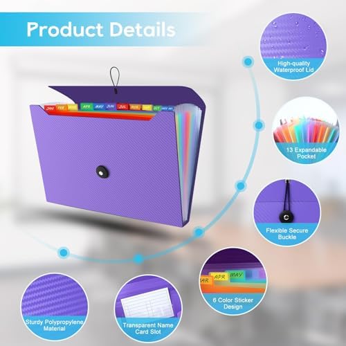 Accordion File Organizer, Expanding File Folder for Sorting Documents and Papers, 13 Pockets File Storage Organizer for Home, Travel and Office Use, Hospital Bag Essentials (Purple) - Image 4
