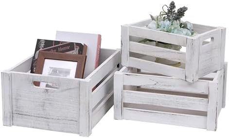 Set of 3 Nesting Wooden Crates, Small Rustic Farmhouse Wood Storage Boxes with Handles, Stackable Compact Organizer Bins for Kitchen Bathroom Bedroom Decor, 3 Sizes & 3 Colors (White, Brown, Black) - Image 7