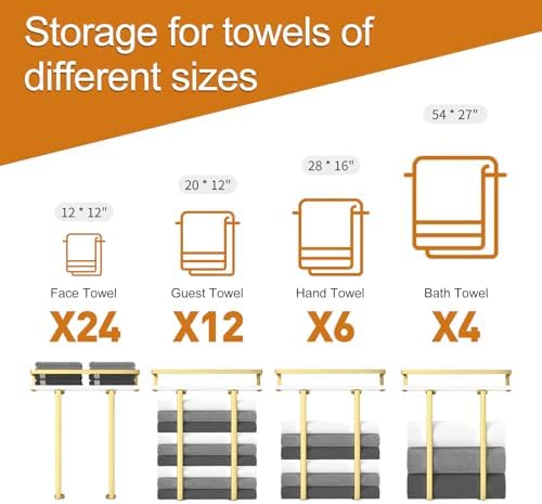 Towel Racks for Bathroom Wall Mounted, Metal Towel Holder with Wooden Shelf for Folding Large Towels, Towel Storage for Small Bathroom Organizer Decor or RV Camping,Golden - Image 6
