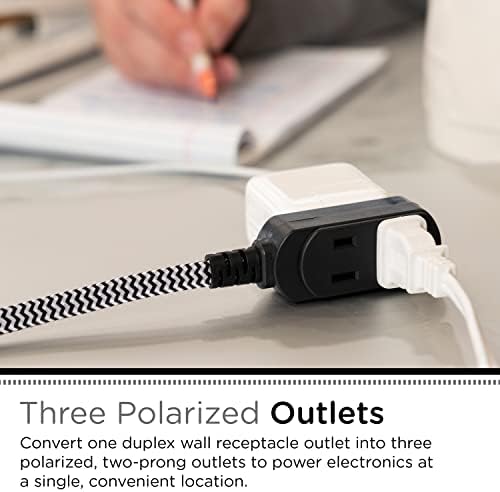 Cordinate Designer 3-Outlet Extension Cord, 2 Prong Power Strip, Extra Long 8 Ft Cable with Flat Plug, Braided Chevron Fabric Cord, Slide-to-Lock Safety Outlets, Black/White, 39984 - Image 2