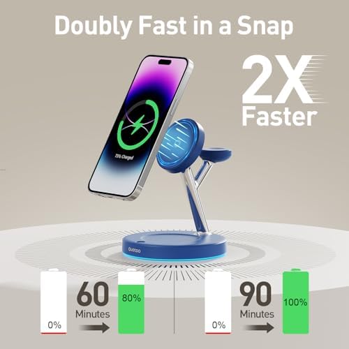 【Adjustable Blue Ambient Light】 Wireless Charger 3 in 1 for iPhone, Magnetic Charging Station for Apple Family,15W Fast MagSafe Charger Stand,for iPhone17-12-iWatch AirPods Series - Image 2
