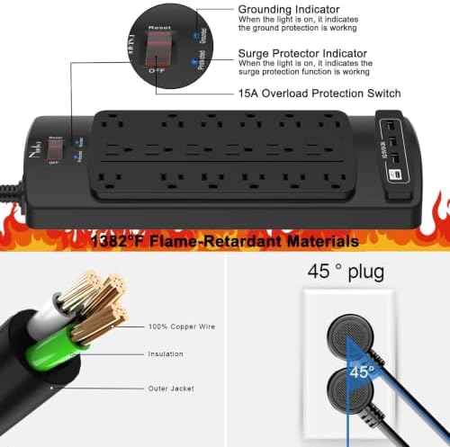 18 Outlets Surge Protector Power Strip - Nuetsa 10 Feet Flat Plug Heavy Duty Extension Cord with 18 Widely Outlets and 4 USB Ports, 2100 Joules, Black, ETL Listed - Image 6