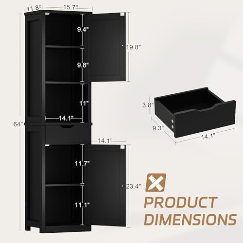 Shintenchi Tall Bathroom Storage Cabinet, Slim Corner Floor Cabinet with Doors and Drawer, Freestanding Narrow Bathroom Organizer with Adjustable Shelves for Small Space, Black - Image 3