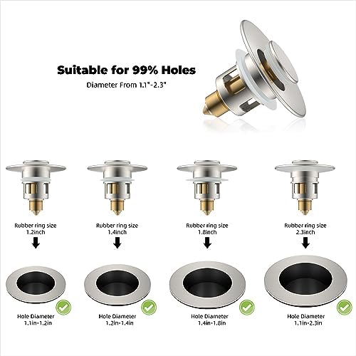 Hibbent 2 Pack All Metal Universal Bathroom Sink Stopper for 1.1''~2.3'' Basin, Pop Up Sink Drain Strainer, Brass Core Push Type Stopper, Stainless Steel Anti Clogging Drain Filter, Brushed Nickel - Image 2
