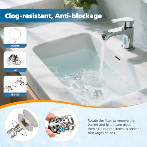 Hibbent Upgraded 3 in 1 Bathroom Sink Drain Strainer, Pop Up Sink Stopper with Big Push Cap, Anti-Clogging Metal Filter Basket,Sink Plug with Hair Catcher for 1.1''~2.36'' Basin, Brushed Nickel - Image 2