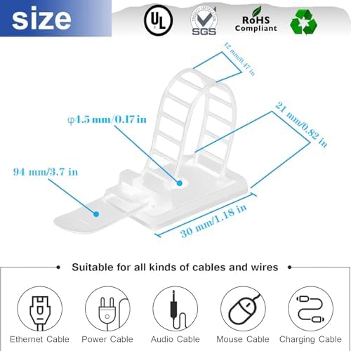 Adjustable Adhesive Cable Management Clips 100Pcs, Large self Adhesive Cable Ties Clips ，Suitable for Cable Management Under desks and on Walls (White) - Image 2