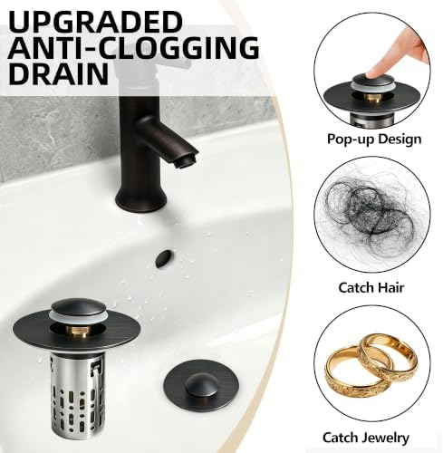 Bathroom Sink Stopper, 3 in 1 Bathroom Sink Drain Strainer Universal Pop Up Sink Stopper with Removable Hair Catcher Anti-Clog Filter Basket Brass & Stainless Steel Oil Rubbed Bronze 1 PC - Image 3