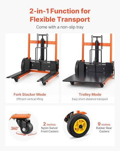 VEVOR Hydraulic Material Lift Winch Stacker, 450 lbs Load Capacity, 35.4'' Max Lifting Height, Pallet Truck Dolly with Fork Lift Table, Foldable & Portable Pallet Jack Table Cart, Orange & Black - Image 5