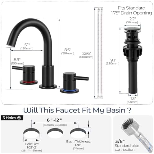 Black Bathroom Faucet 3 Hole, 2-Handle Widespread Faucet (2 Pack) - Image 7