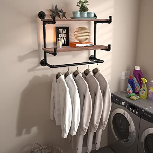 30in Industrial Pipe Clothing Rack,2-Tier Wall Mounted Clothes Rack, Pipe Clothing Rack with Shelf, Wall Hangers for Clothes, for Bedroom, Laundry, Living Room, Retail Store - Image 5