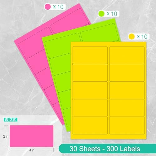 LLIKED 2" x 4" Assorted Fluorescent Address Labels 300 Labels 30 Sheets - Image 3