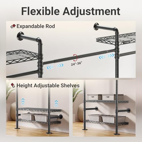 Timate F4 Wall Mounted Clothes Rack Industrial Pipe Clothing Rack for Hanging Clothes, Expandable Garment Rack Heavy Duty Wardrobe Closet Organizer and Storage, Black Adjustable Industrial Closet Kit - Image 5