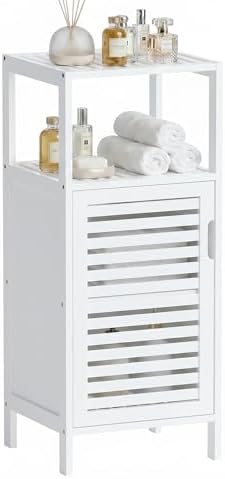 HITNET Bamboo Bathroom Storage Cabinet, 4 Tier Small White Floor Cabinet with Single Door, Free Standing Slim Narrow Storage Organizer for Living Room Entryway by HITNET