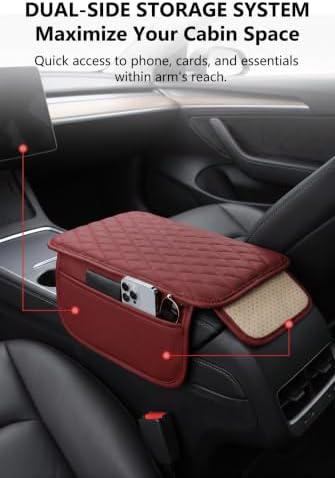 Car Center Console Cover, Leather Car Arm Rest Cover, Middle Console Covers with Storage Bags, Auto Interior Armrest Covers Cushion, Universal for Most Vehicles (Red) - Image 3