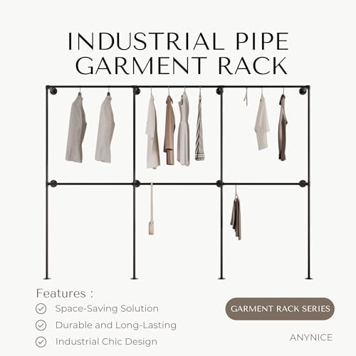 Industrial Pipe Clothing Rack, Wall Mounted Clothes Rack, 110", 6 Rods - Image 2