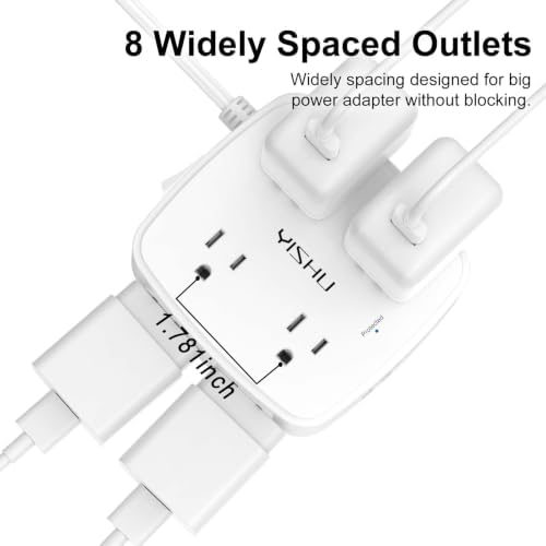 10 Ft Surge Protector Power Strip - YISHU 8 Widely Outlets with 4 USB Ports, 3 Side Outlet Extender with 10 Feet Flat Extension Cord, Ultra Flat Plug, Wall Mount, Desk USB Charging Station, ETL, White - Image 4