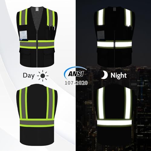 Construction Vest for Men, Hi Vis Reflective Mesh Vest, Black, M - Image 2