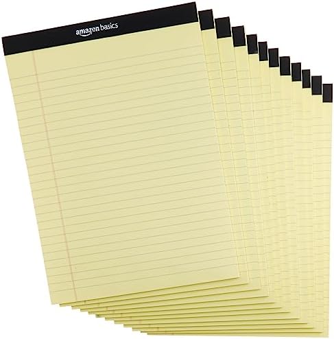 Amazon Basics Wide Ruled Lined Writing Pads, 8.5" x 11.75", Canary, 12-Pack of 50 Perforated Sheets, Sturdy Backing by AmazonBasics