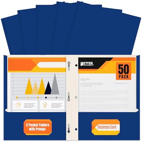 Better Office Products Blue Paper 2 Pocket Folders with Prongs, 50 Pack, Matte Texture, Letter Size Paper Folders, 50 Pack, with 3 Metal Prong Fastener Clips, Blue by BetterOfficeProducts
