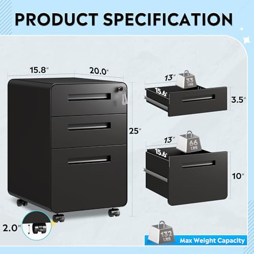 DEVAISE 3 Drawer File Cabinet with Lock, Fully Assembled Except Casters - Image 3