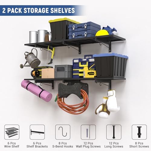 2 Pack Garage Wall Shelf, Heavy Duty Garage Shelving, 46"X 12.5" Wall Mounted Floating Shelves, Metal Hanging Storage Rack with 8 Hooks, Utility Organizer Max Load 320 LBS for Laundry Room, Workshop - Image 6