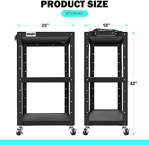 DNA Motoring 3-Layer Utility Steel AV Cart with Wheels Power Strip, 25" x 18" x 24"-42" Height Adjustable Rolling Projector Cart,TOOLS-00136 - Image 3