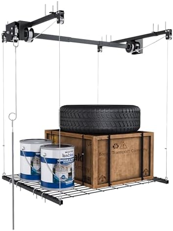 Montary 4x4 FT Overhead Garage Storage Rack for 10-12 FT Ceiling, Adjustable Ceiling Lifting Storage Rack with Safety Lock, 250LBS Capacity All-Steel Heavy-Duty Garage Lifting Organizer by Montary